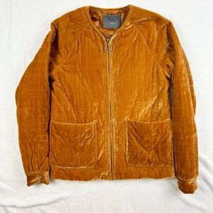ICHI Quilted Crushed Velvet Full Zip Bomber Jacket Sz Small Burnt Orange Pockets